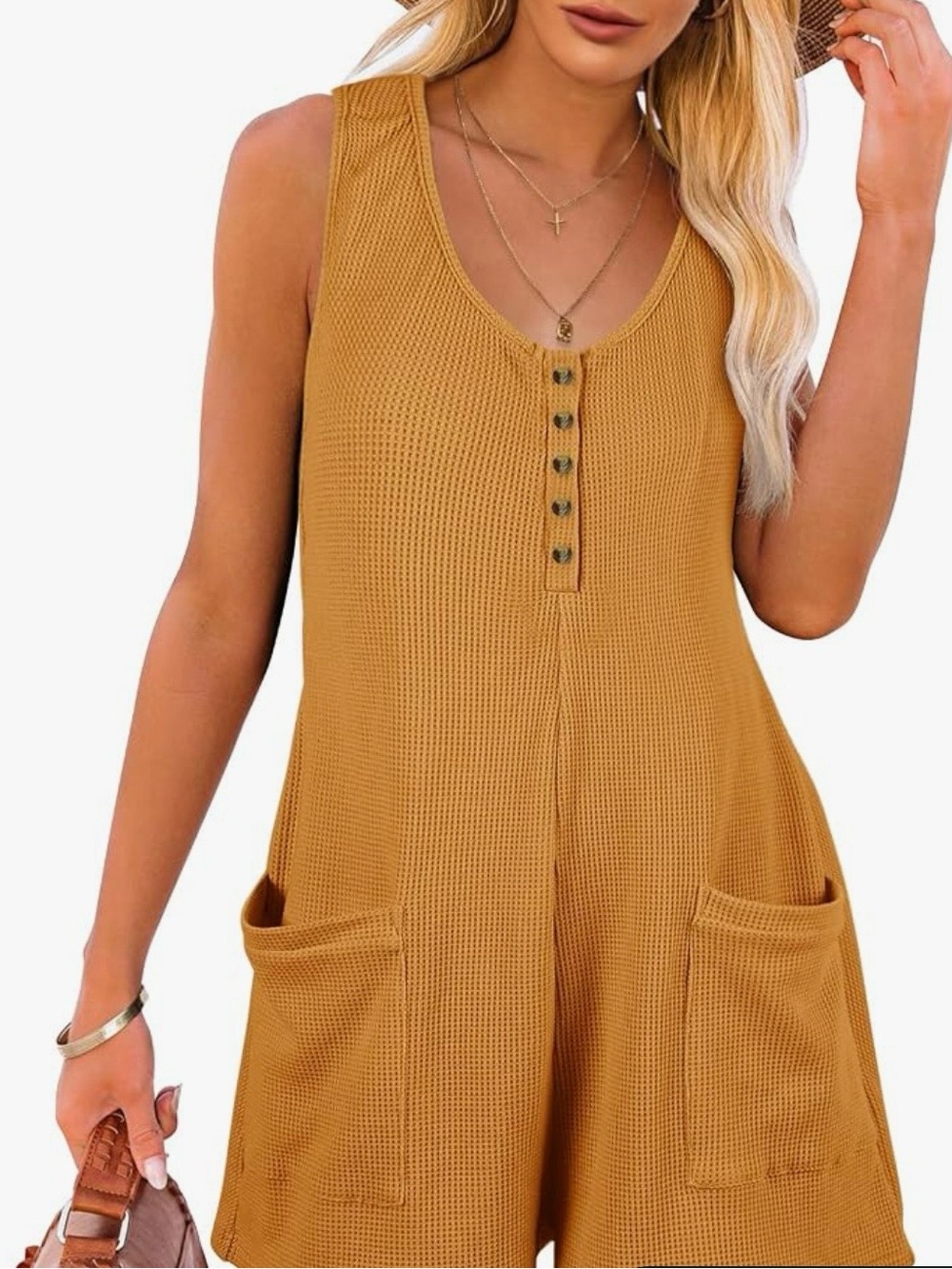 Caramitty- Sleeveless Waffle Knit Romper in Mustard